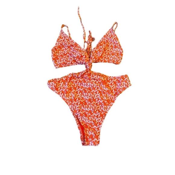 Lulus Women's Orange Floral Halter Bikini Set Size M High-Cut 1 Piece - Picture 1 of 6